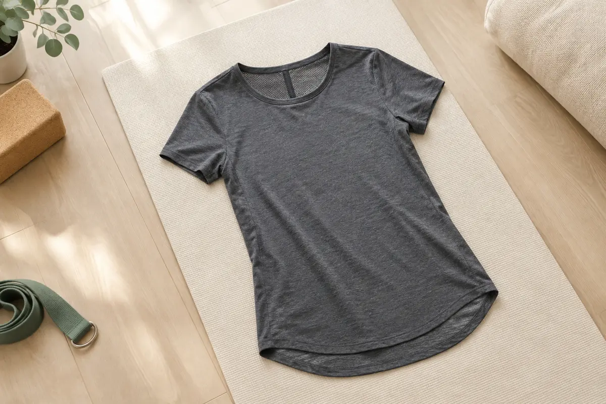 T-shirt de sport gris foncé à manches courtes et dos en maille, posé sur un tapis dans un studio clair.