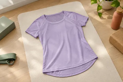 T-shirt de sport lilas à manches courtes posé sur un tapis dans un studio de yoga lumineux.