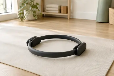 Anneau de Pilates noir avec deux poignées rembourrées posé sur un tapis écru dans un studio lumineux