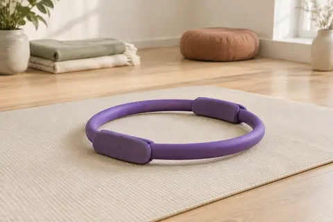 Cercle de Pilates violet avec revêtement en mousse posé sur un tapis dans un studio lumineux.