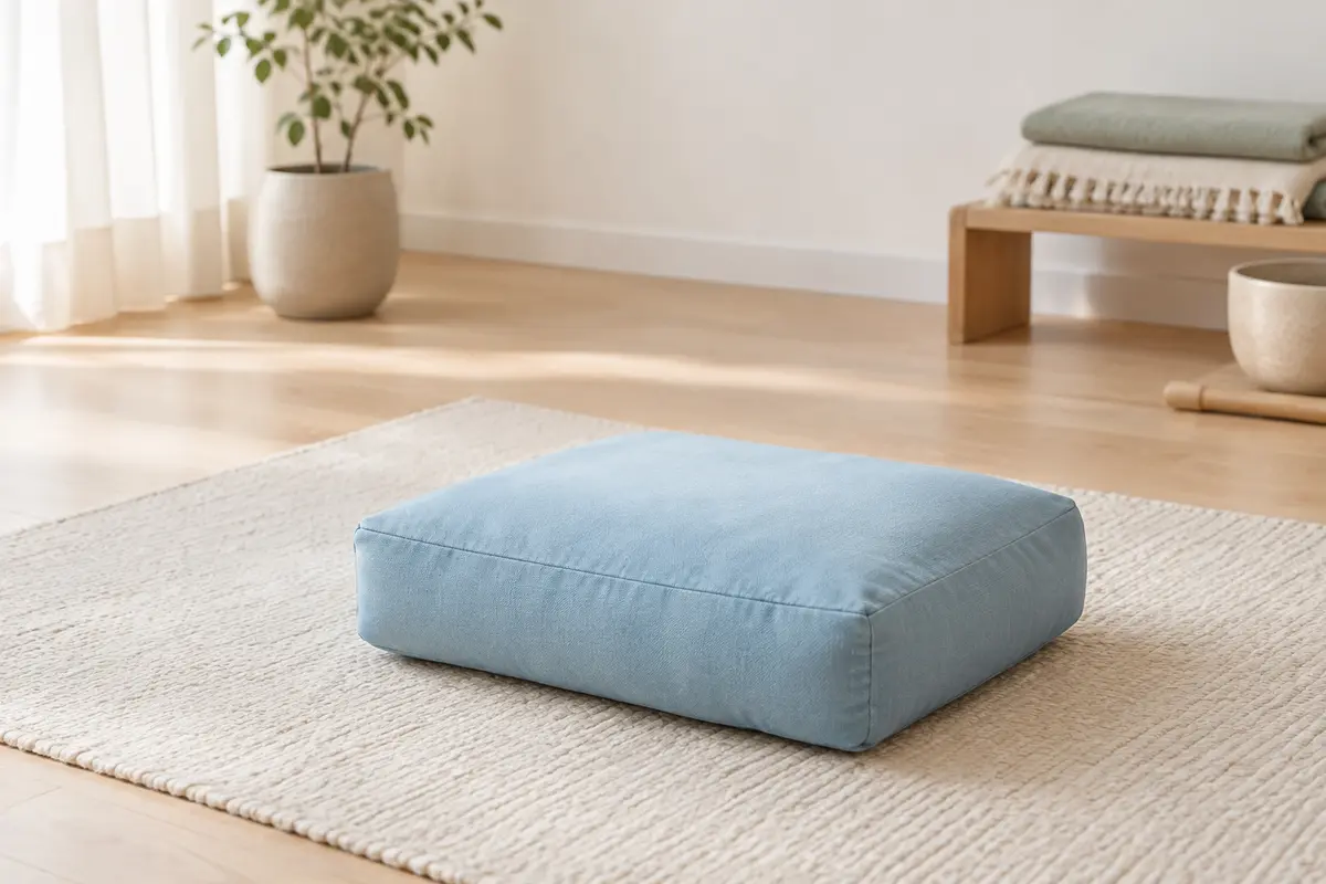 Coussin de méditation bleu céleste posé sur un tapis écru dans un studio lumineux au sol en bois clair.