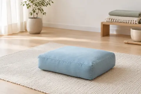 Coussin de méditation bleu céleste posé sur un tapis écru dans un studio lumineux au sol en bois clair.