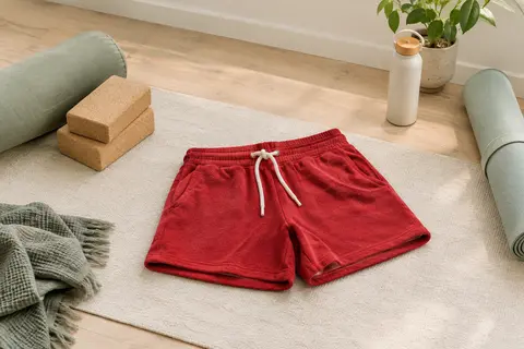 Short de sport rouge en coton mélangé, avec poches latérales et cordon, posé sur un tapis écru dans un studio lumineux.