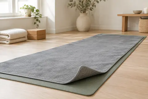 Serviette de yoga grise en microfibre posée sur un tapis, avec ses picots en silicone visibles