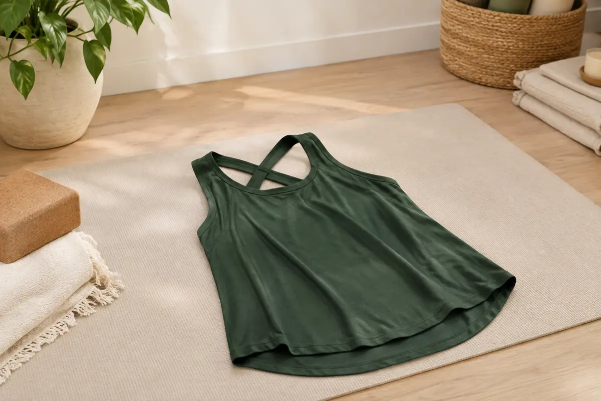 Débardeur de yoga ample vert foncé, avec dos nu et bretelles croisées, posé dans un studio lumineux.