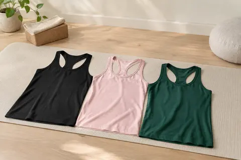 Trois débardeurs de sport à dos nageur, en noir, rose pâle et vert foncé, posés dans un studio lumineux.