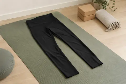 Pantalon de yoga noir à taille haute et coupe droite, présenté seul dans un studio clair au sol de bois.