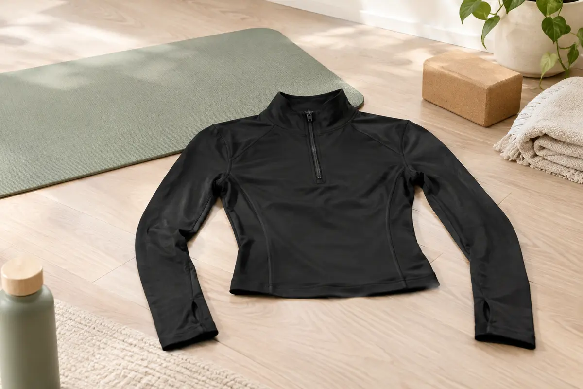 Haut de sport noir à manches longues, demi-zip et passe-pouces posé dans un studio de yoga clair.