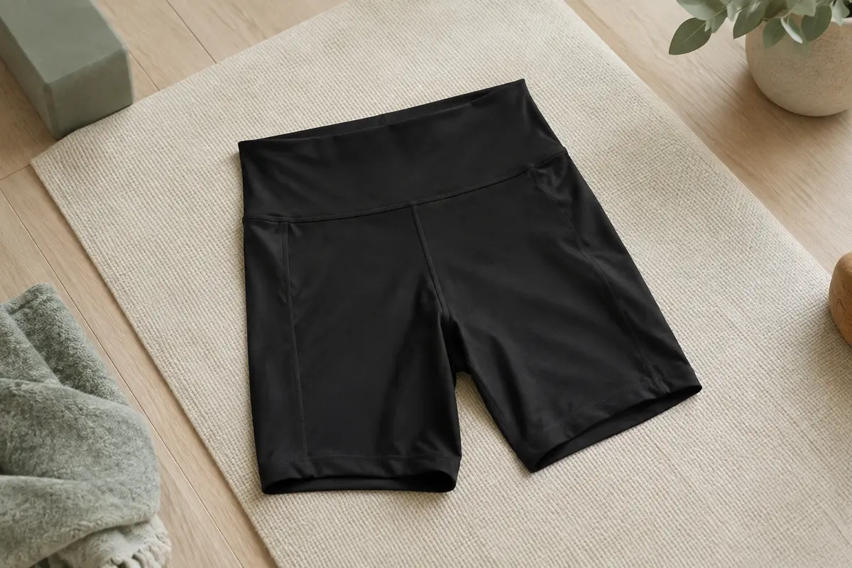 Short cycliste noir à taille haute posé sur un tapis écru dans un studio lumineux au sol en bois clair