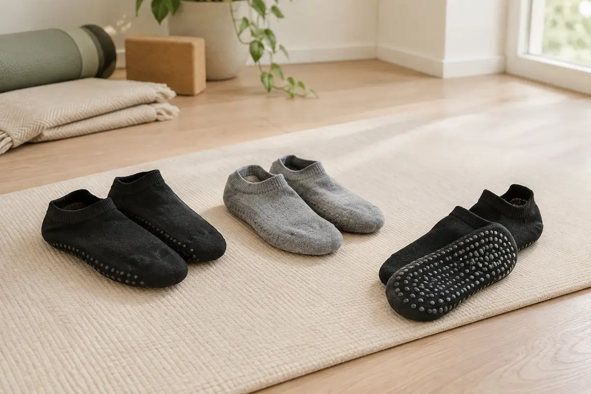 Trois paires de chaussettes antidérapantes, deux noires et une grise, avec leurs semelles à picots