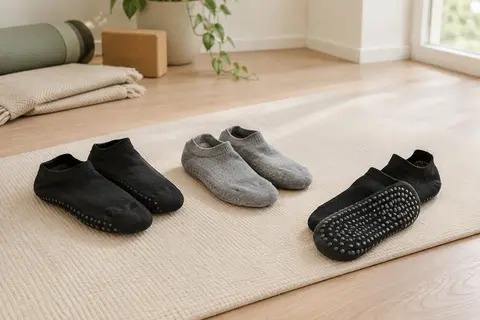 Trois paires de chaussettes antidérapantes, deux noires et une grise, avec leurs semelles à picots