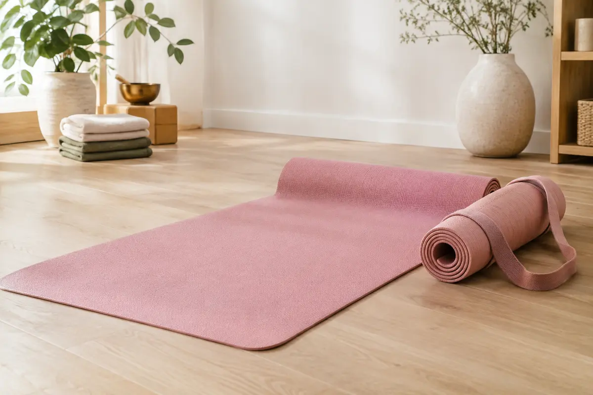 Tapis de yoga rose en mousse avec sangle, posé sur un sol en bois clair dans un studio lumineux.