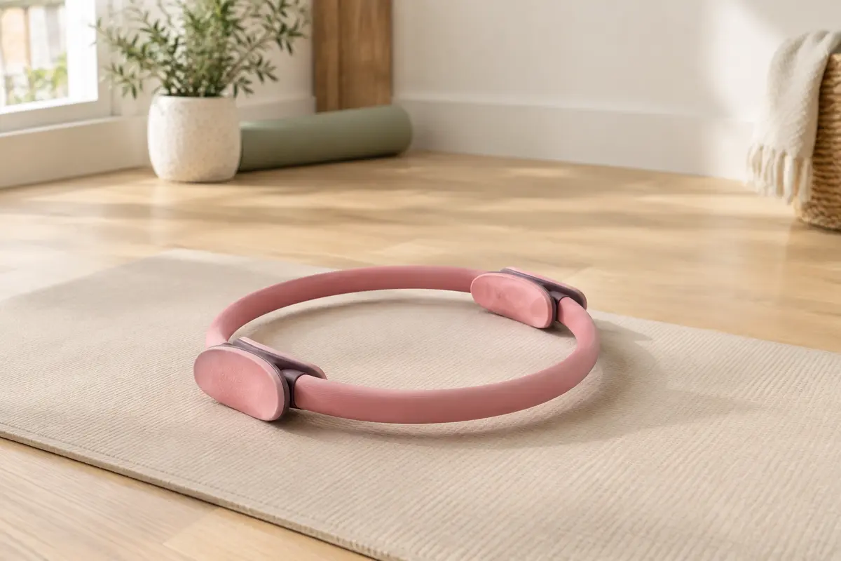 Cercle de Pilates rose à double prise posé sur un tapis dans un studio lumineux aux tons naturels.