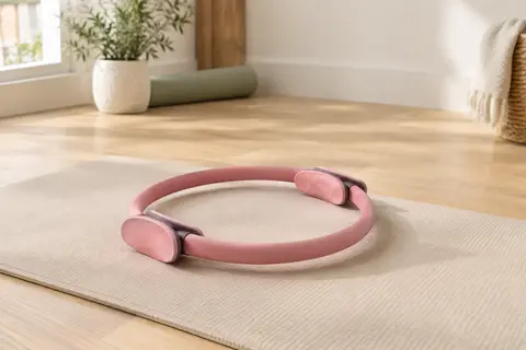 Cercle de Pilates rose à double prise posé sur un tapis dans un studio lumineux aux tons naturels.