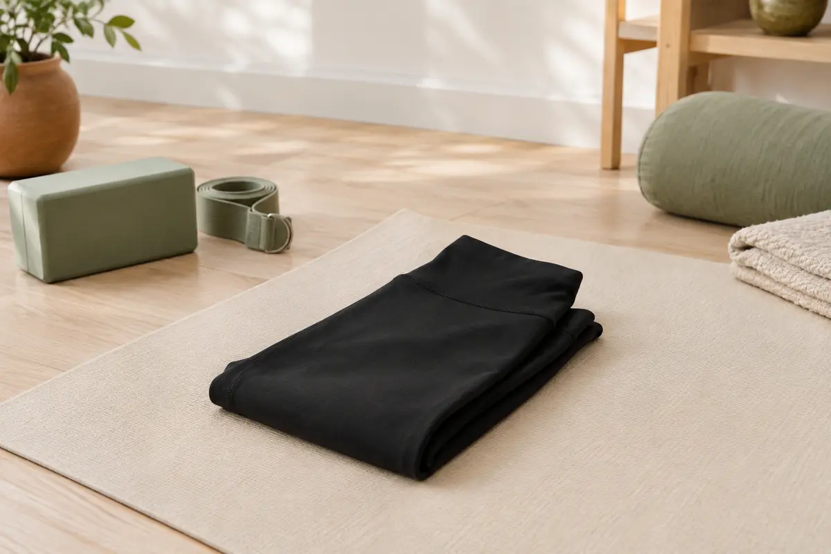 Legging de sport noir à taille haute posé sur un tapis de yoga écru dans un studio lumineux