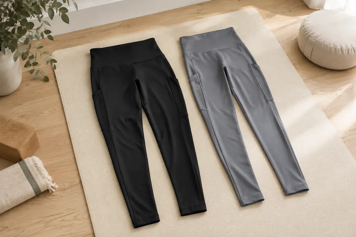 Deux leggings de sport noirs et gris à taille haute avec poches latérales, disposés sur un tapis de yoga