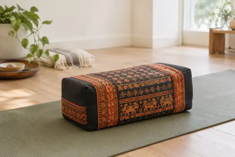 Coussin bloc de yoga Leewadee noir et orange à motifs thaïs, posé sur un tapis dans un studio clair.