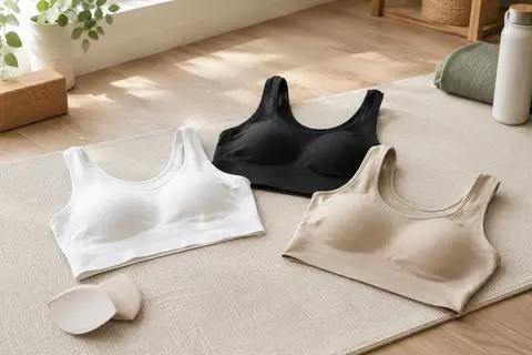 Trois brassières de sport sans couture, blanches, noires et beiges, posées dans un studio lumineux.