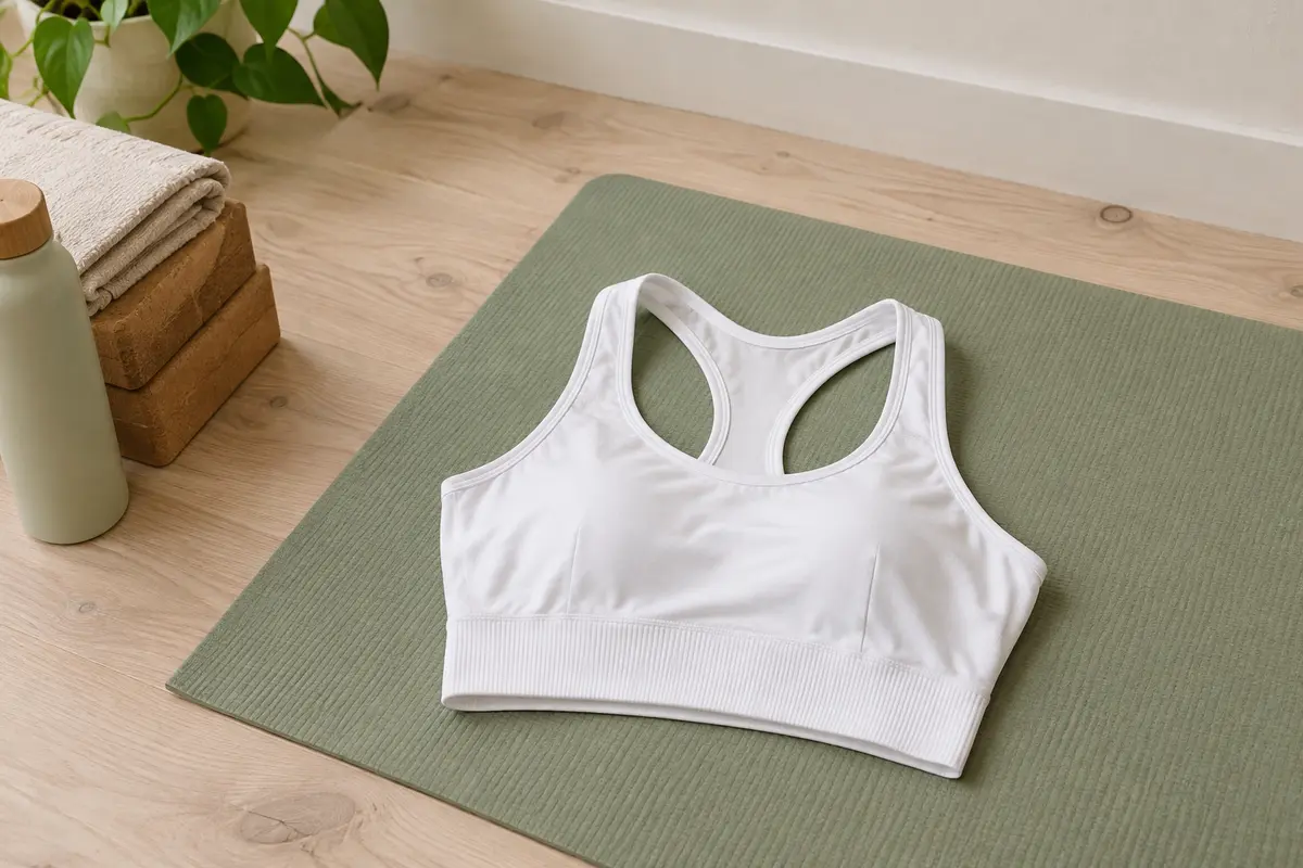 Brassière de sport blanche à larges bretelles posée près d’un tapis de yoga dans un studio lumineux