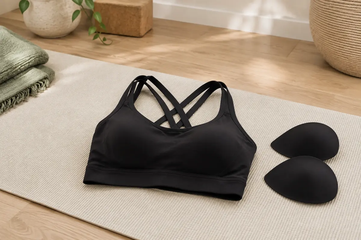 Brassière de sport noire sans armature, avec dos croisé et bonnets amovibles, posée dans un studio lumineux