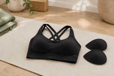 Brassière de sport noire sans armature, avec dos croisé et bonnets amovibles, posée dans un studio lumineux