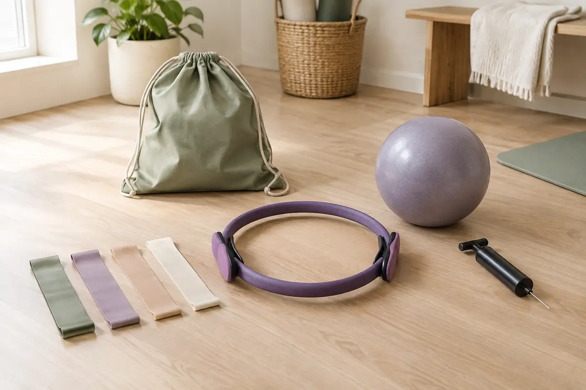 Ensemble Pilates violet avec cercle à poignées, mini ballon, bandes élastiques et sac de rangement