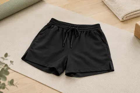 Short de sport noir à taille haute, coupe ample, cordon réglable, poches latérales et fente sur le côté