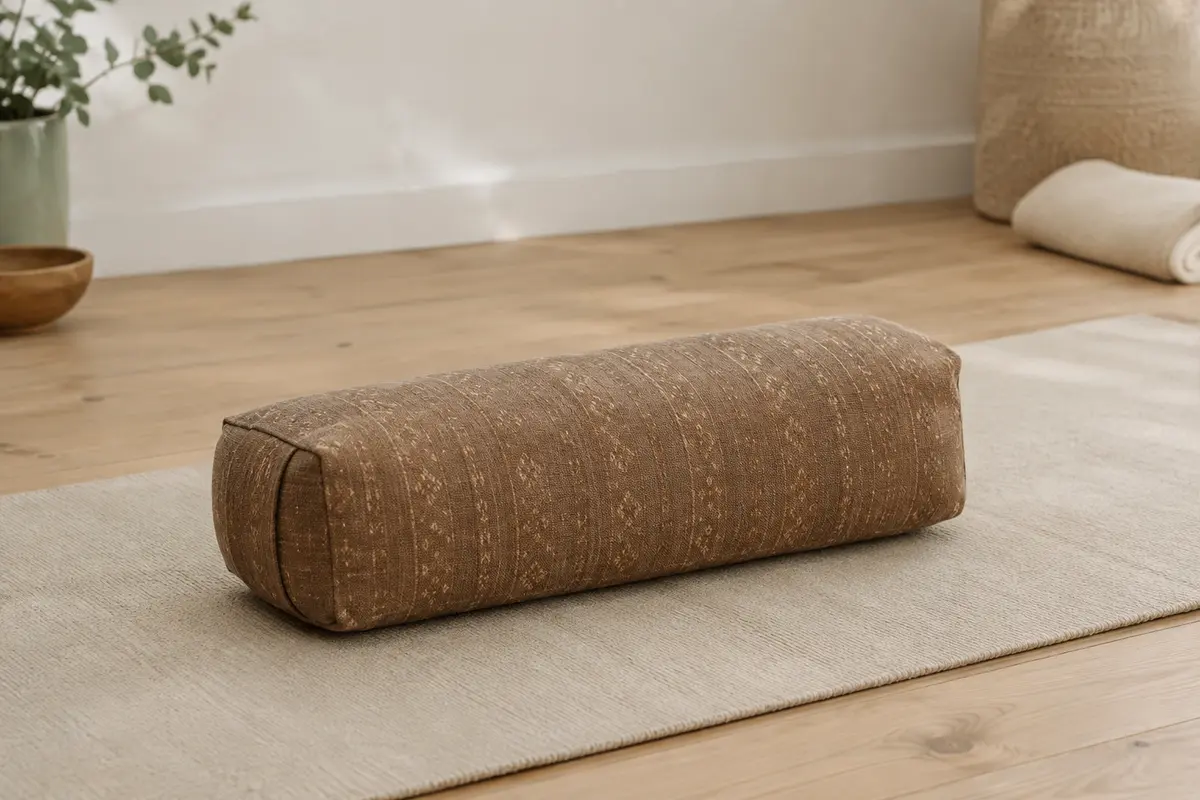 Bolster de yoga Livasia en kapok brun posé sur un tapis dans un studio lumineux.