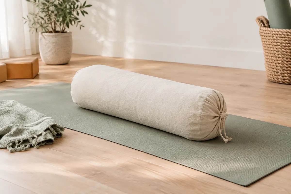 Bolster de yoga rectangulaire en coton naturel posé sur un tapis dans un studio lumineux.