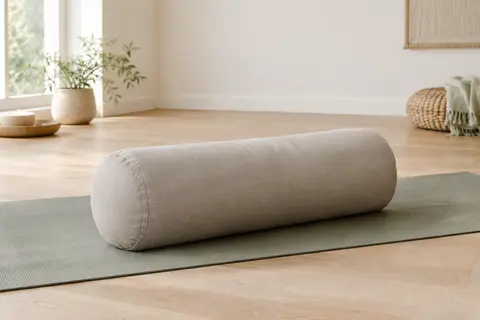 Bolster de yoga allongé en coton Light Taupe posé sur un tapis dans un studio lumineux
