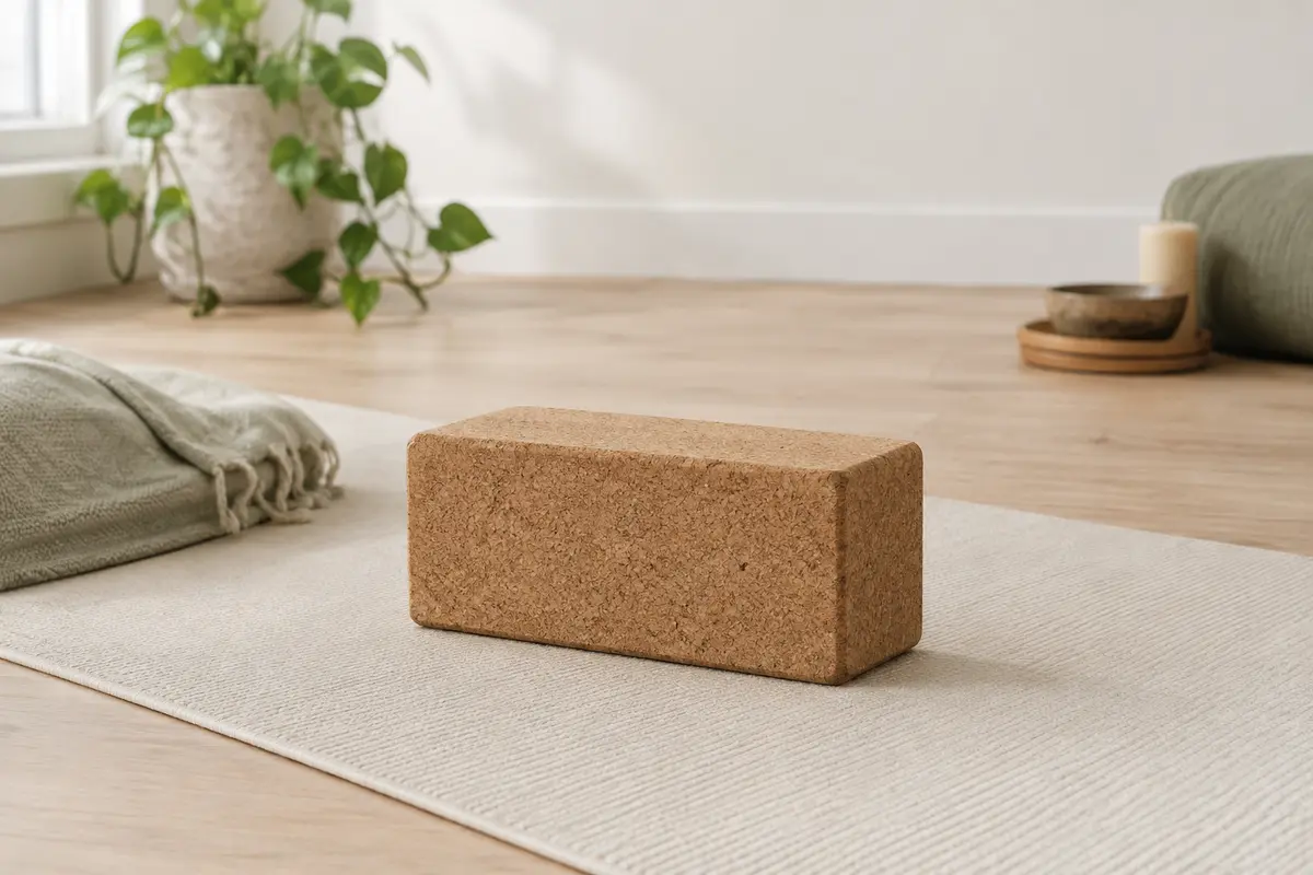 Brique de yoga compacte en liège havane posée sur un tapis écru dans un studio lumineux.