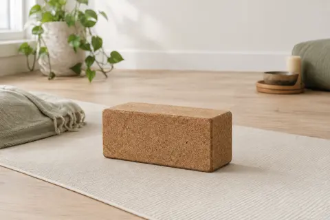 Brique de yoga compacte en liège havane posée sur un tapis écru dans un studio lumineux.