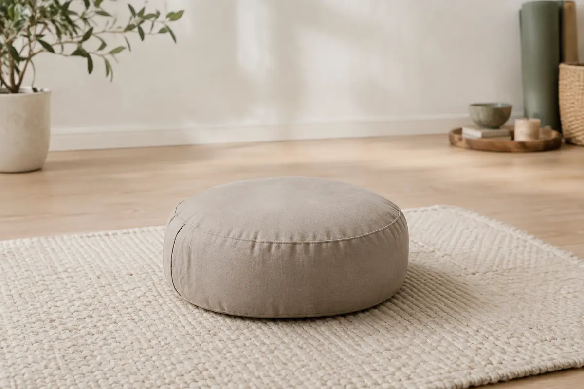 Coussin de méditation rond en coton taupe clair posé sur un tapis écru dans un studio lumineux.