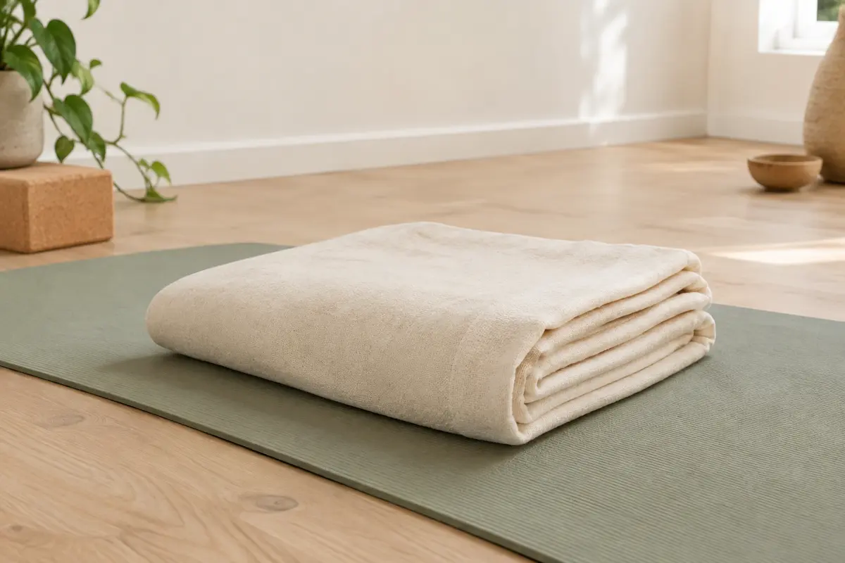 Couverture de yoga unie en coton biologique, pliée sur un tapis dans un studio lumineux