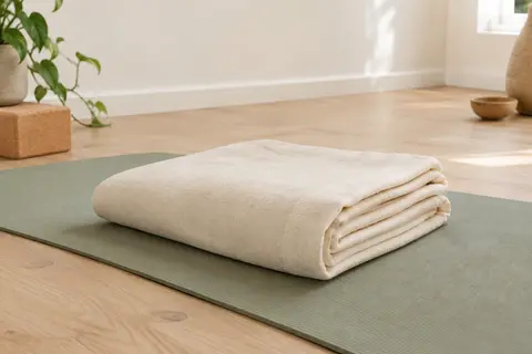 Couverture de yoga unie en coton biologique, pliée sur un tapis dans un studio lumineux