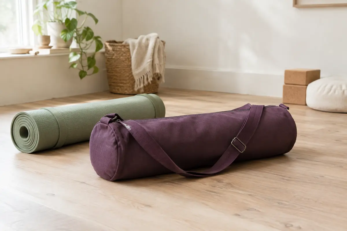 Sac de yoga aubergine en coton avec sangle réglable, posé près d’un tapis roulé dans un studio lumineux.