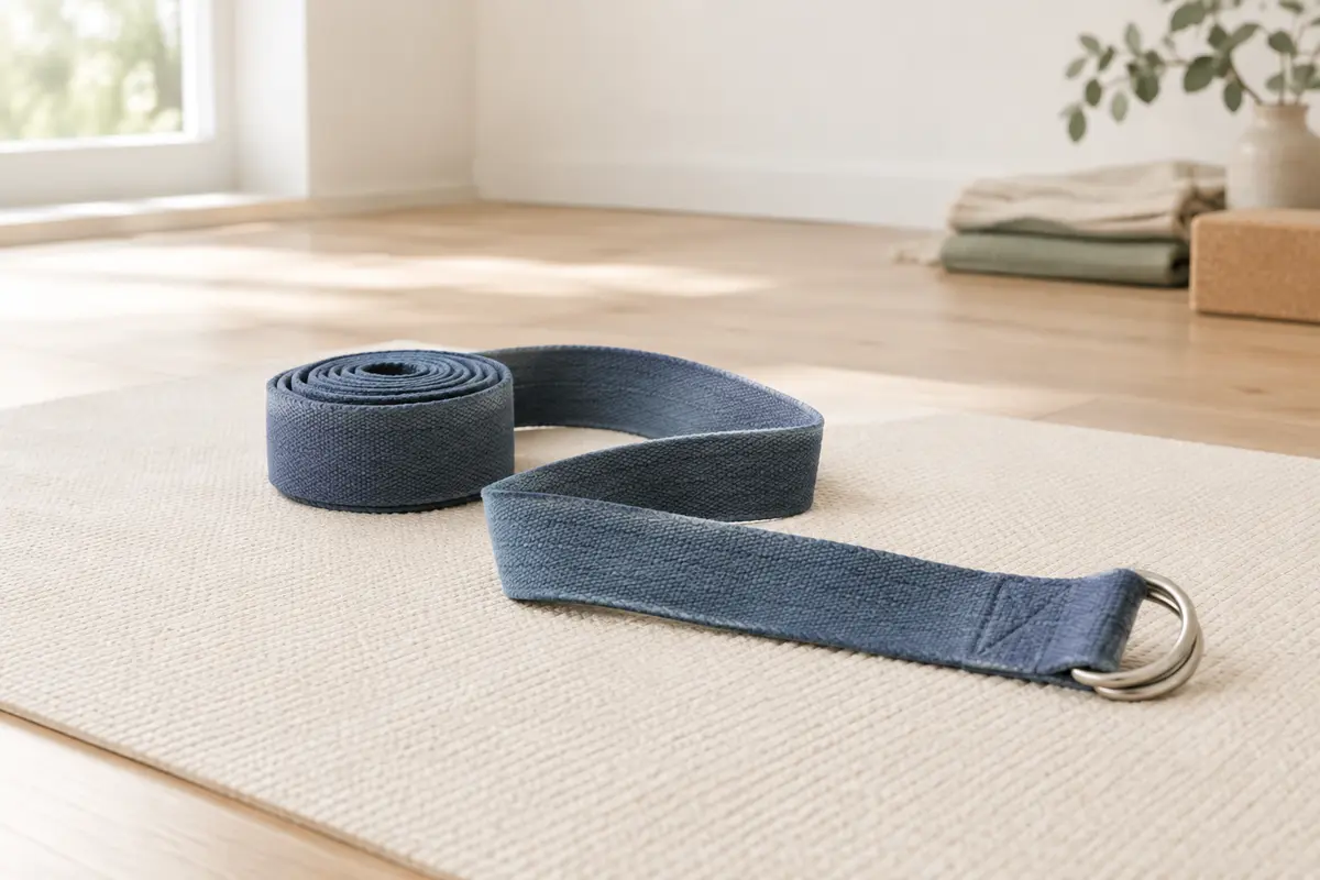 Sangle de yoga en coton Indigo Dust repliée sur un tapis écru, avec ses boucles métalliques visibles