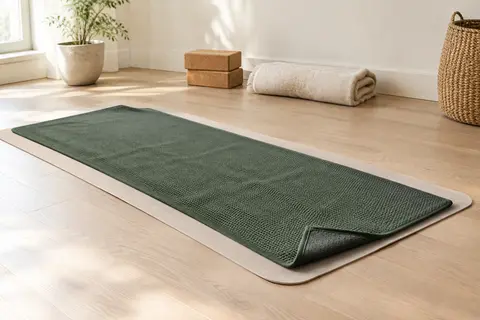 Serviette de yoga verte gaufrée déployée sur un tapis dans un studio lumineux au sol en bois clair