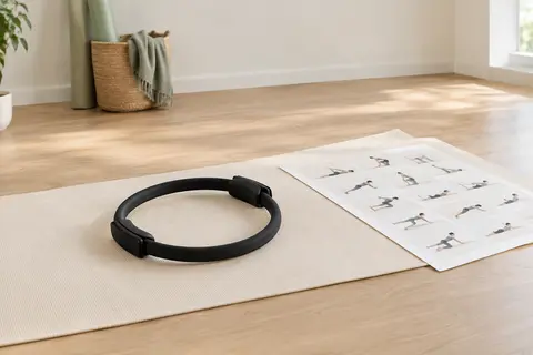 Anneau de Pilates noir de 33 cm posé sur un tapis écru avec son guide d’exercices dans un studio lumineux