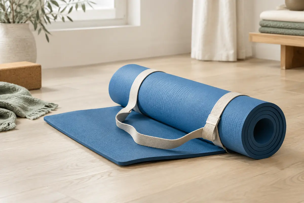 Tapis de yoga bleu en mousse NBR avec sangle, posé sur un sol en bois clair.