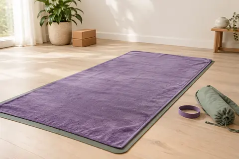 Serviette de yoga en microfibre violette étendue sur un tapis dans un studio lumineux au sol en bois clair.