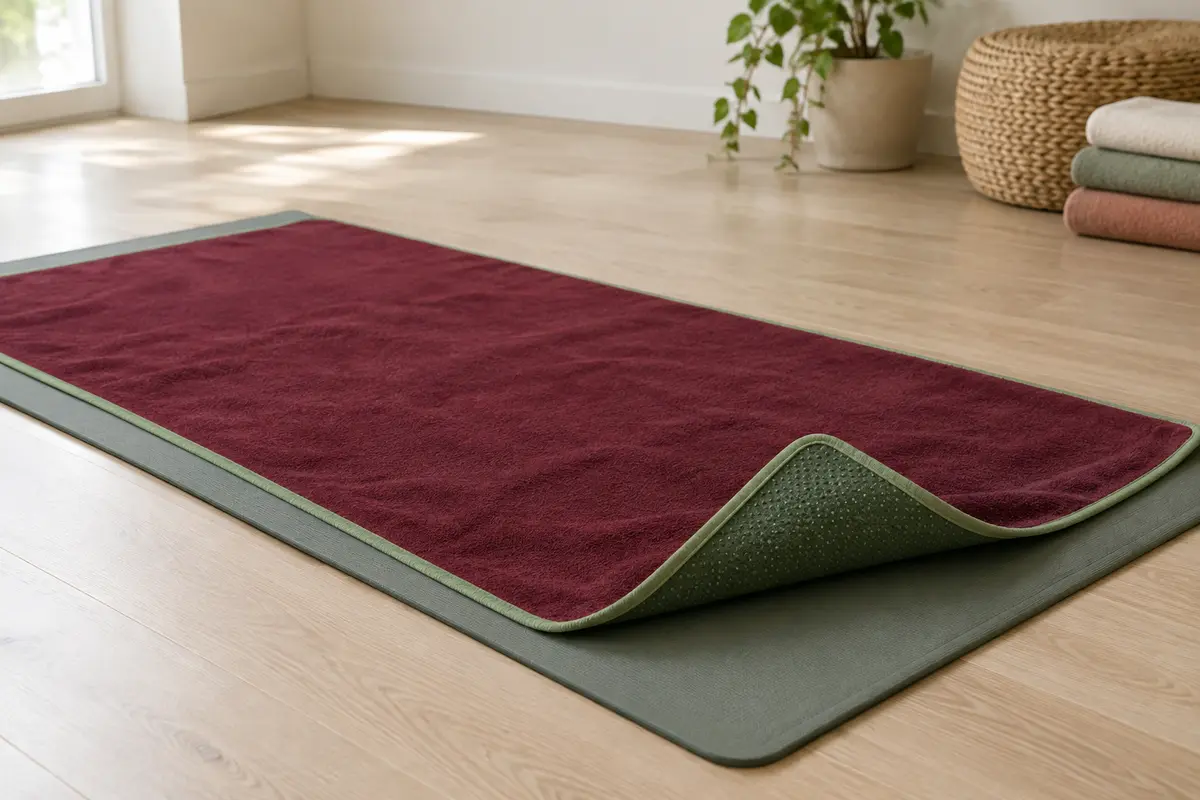 Serviette de yoga bordeaux à bordure verte posée sur un tapis, avec ses picots visibles sous un angle relevé