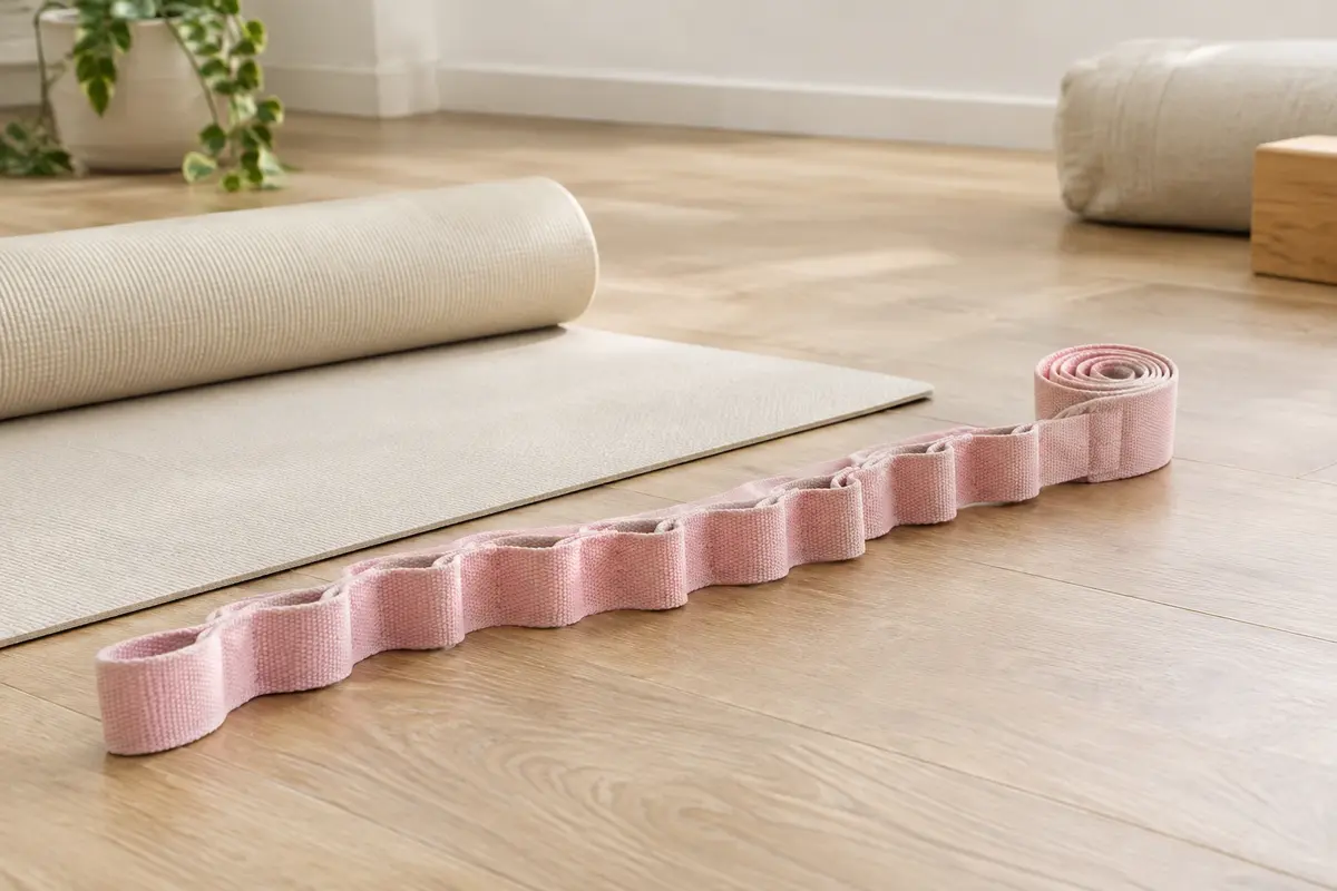 Sangle de yoga élastique rose pâle à 12 boucles posée près d’un tapis dans un studio lumineux