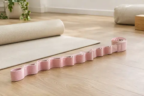Sangle de yoga élastique rose pâle à 12 boucles posée près d’un tapis dans un studio lumineux
