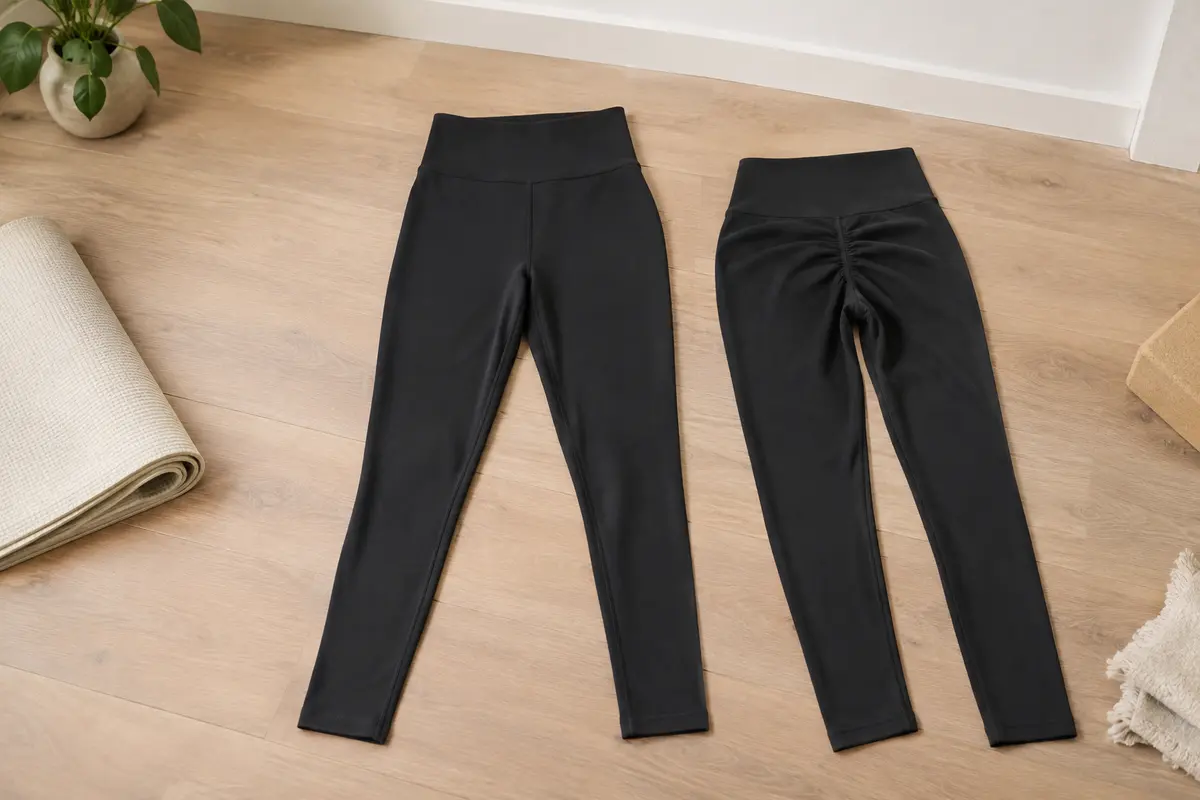 Legging de sport noir foncé à taille haute et effet froncé, présenté à plat dans un studio lumineux.