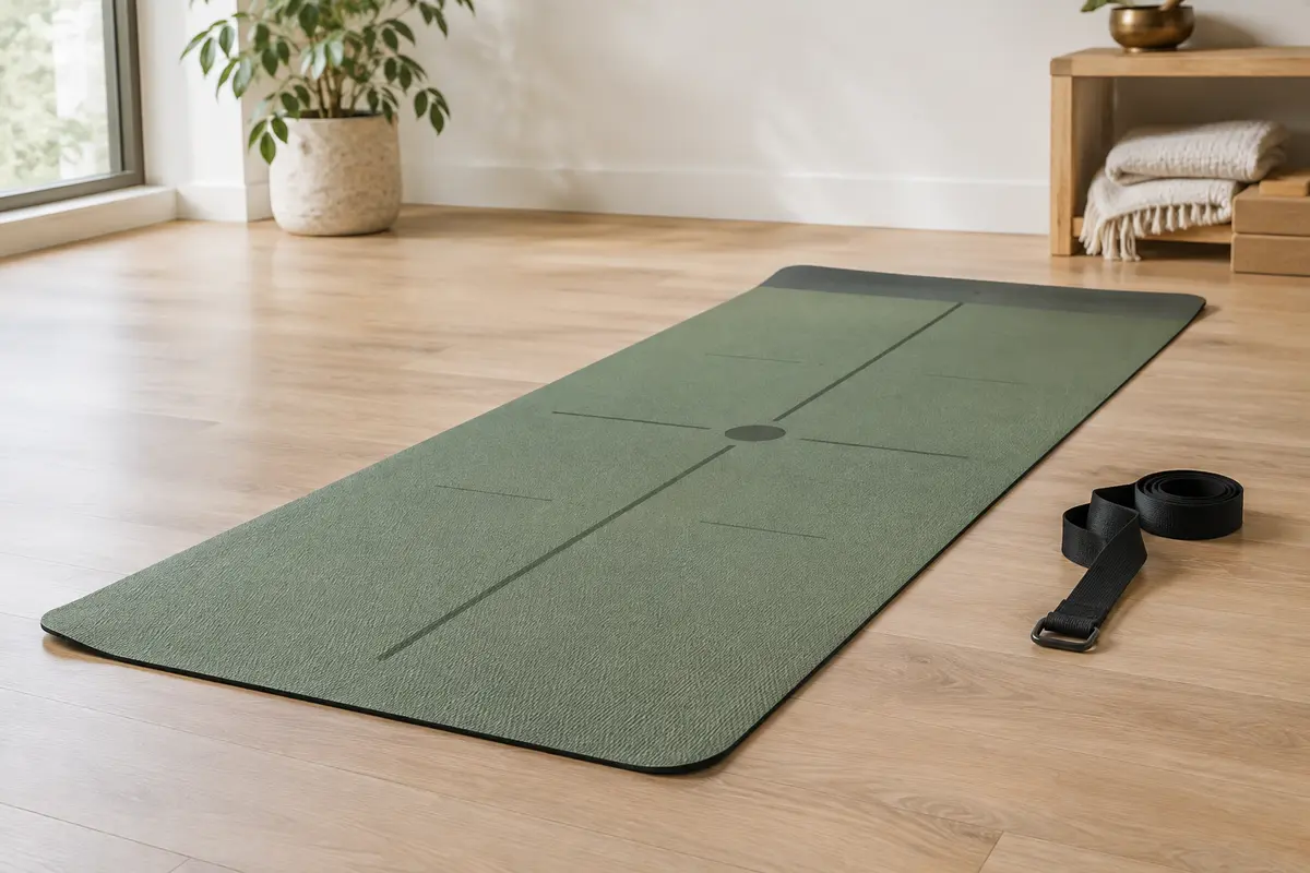Tapis de yoga vert et noir avec lignes d’alignement, déroulé sur un sol en bois clair.