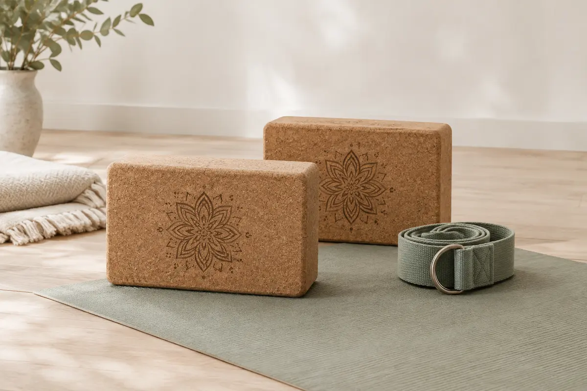 Deux blocs de yoga en liège gravés au laser avec une sangle, posés dans un studio lumineux.
