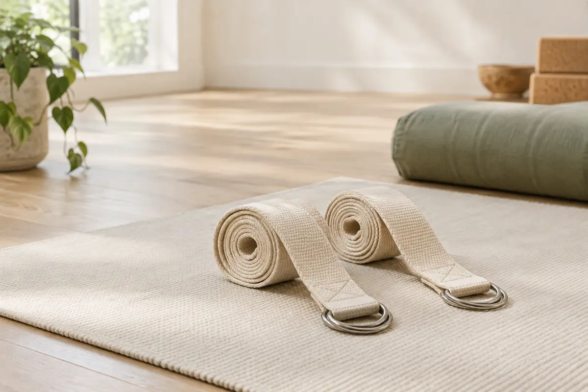 Deux sangles de yoga en coton beige avec anneaux en D, disposées sur un tapis écru en studio.