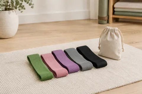 Cinq bandes élastiques en tissu de couleurs différentes avec leur sac de transport, posées sur un tapis écru