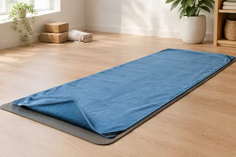 Serviette de yoga bleue en microfibre posée sur un tapis, avec ses élastiques aux quatre coins.